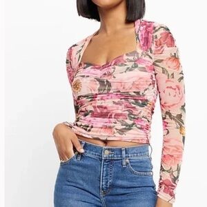 Express Floral Pink Orange Green Ruched Sweetheart Long Sleeve Mesh Top XS NWT